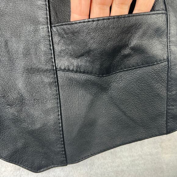Leather Works Genuine Leather Black Biker Vest Size S Snap Front Pockets Lined - Picture 4 of 11